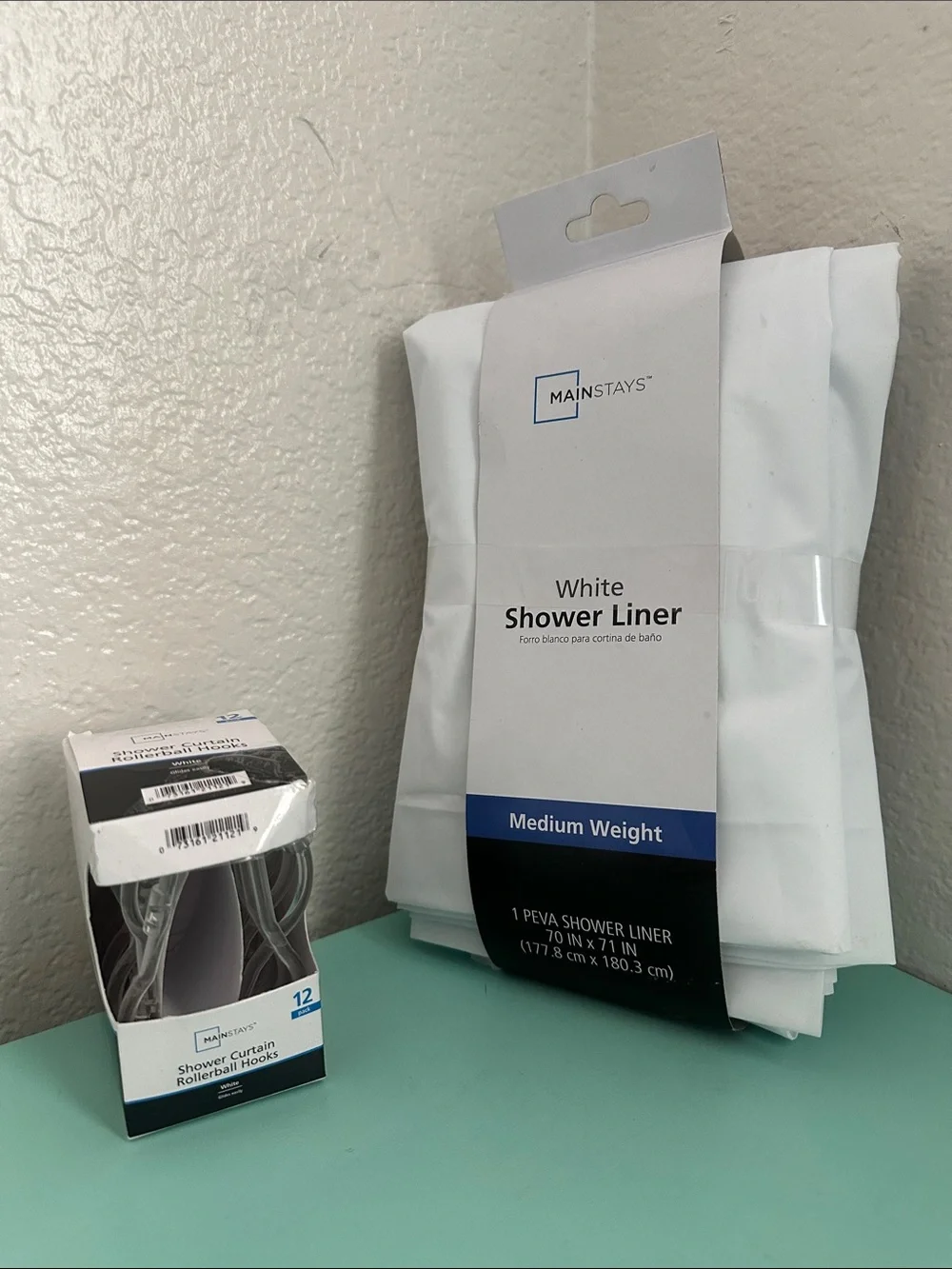 Mainstays bathroom utility accessories set of: a shower curtain & hooks-new.